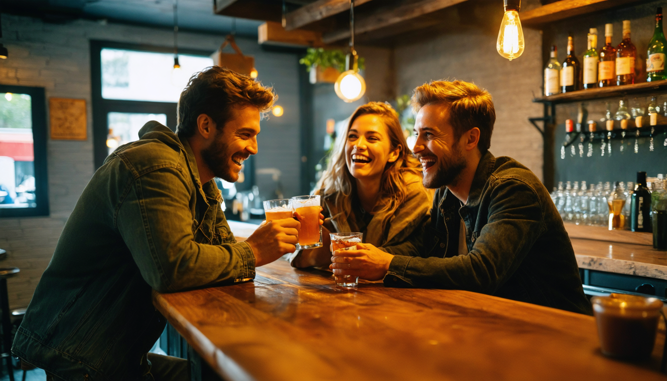 Two men and a woman laugh together over drinks at a neighbourhood bar